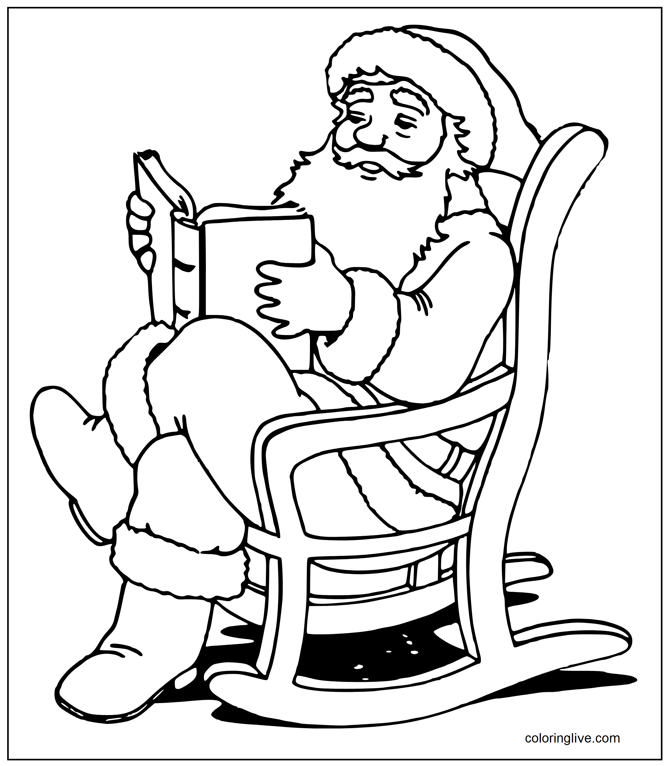 Printable Santa reading a book  sheet Coloring Page for kids.