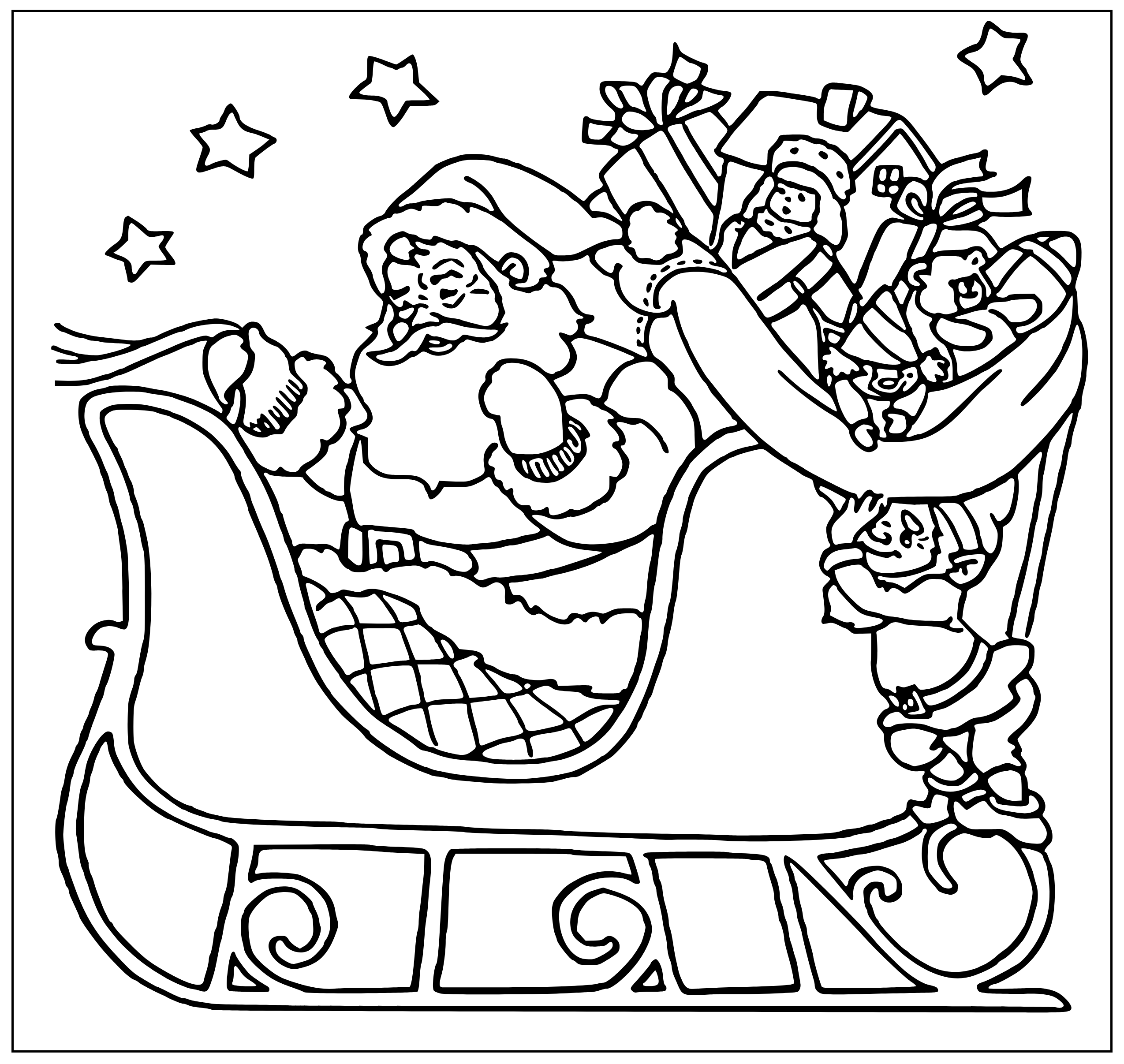 Printable santa and elves are sliding on the snowmobile Coloring Page for kids.
