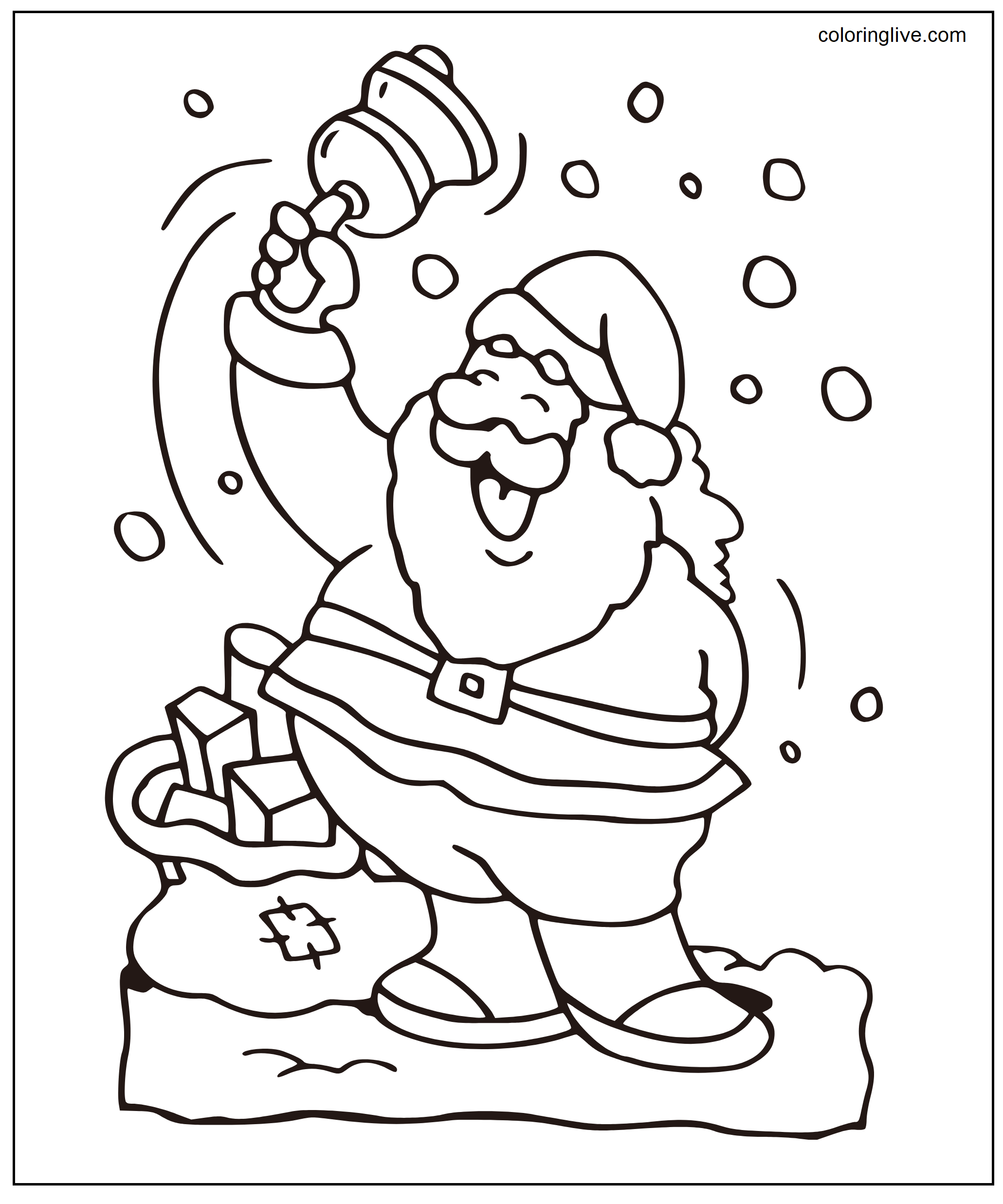 Printable Santa ringing bell  sheet Coloring Page for kids.