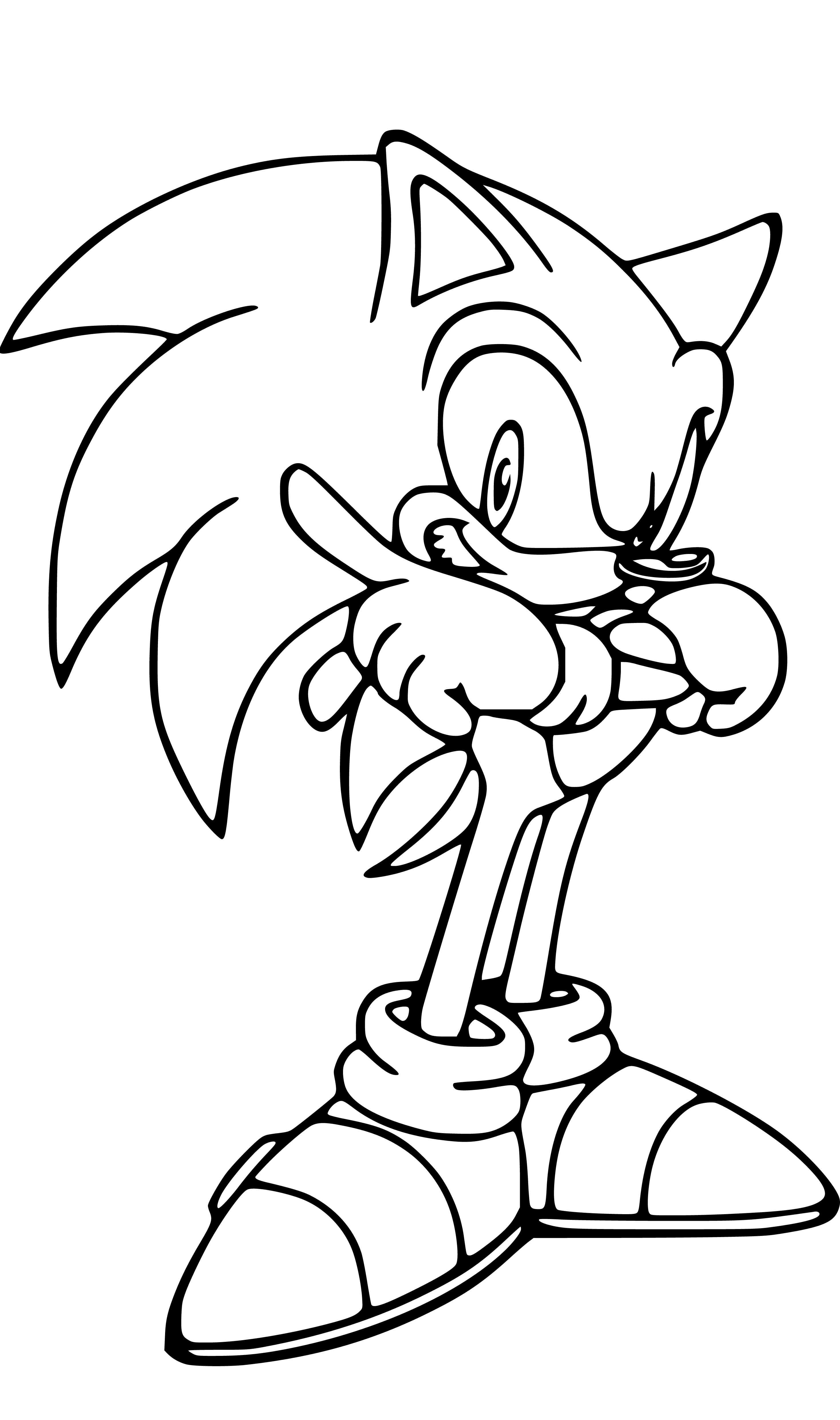 Printable Sonic the Hedhehog Drawing BW Coloring Page for kids.