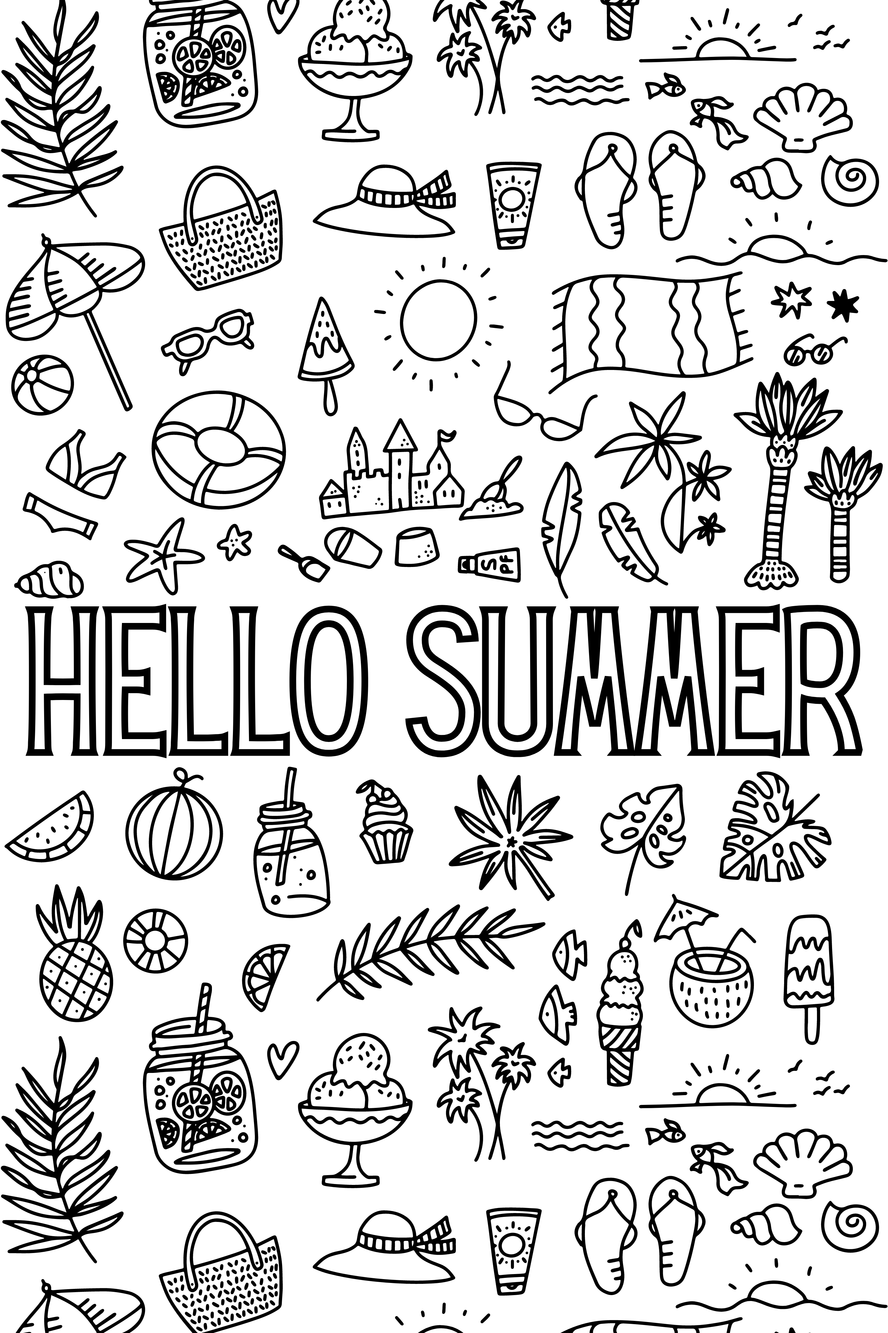 Printable Summer   Hello Summer Coloring Page for kids.