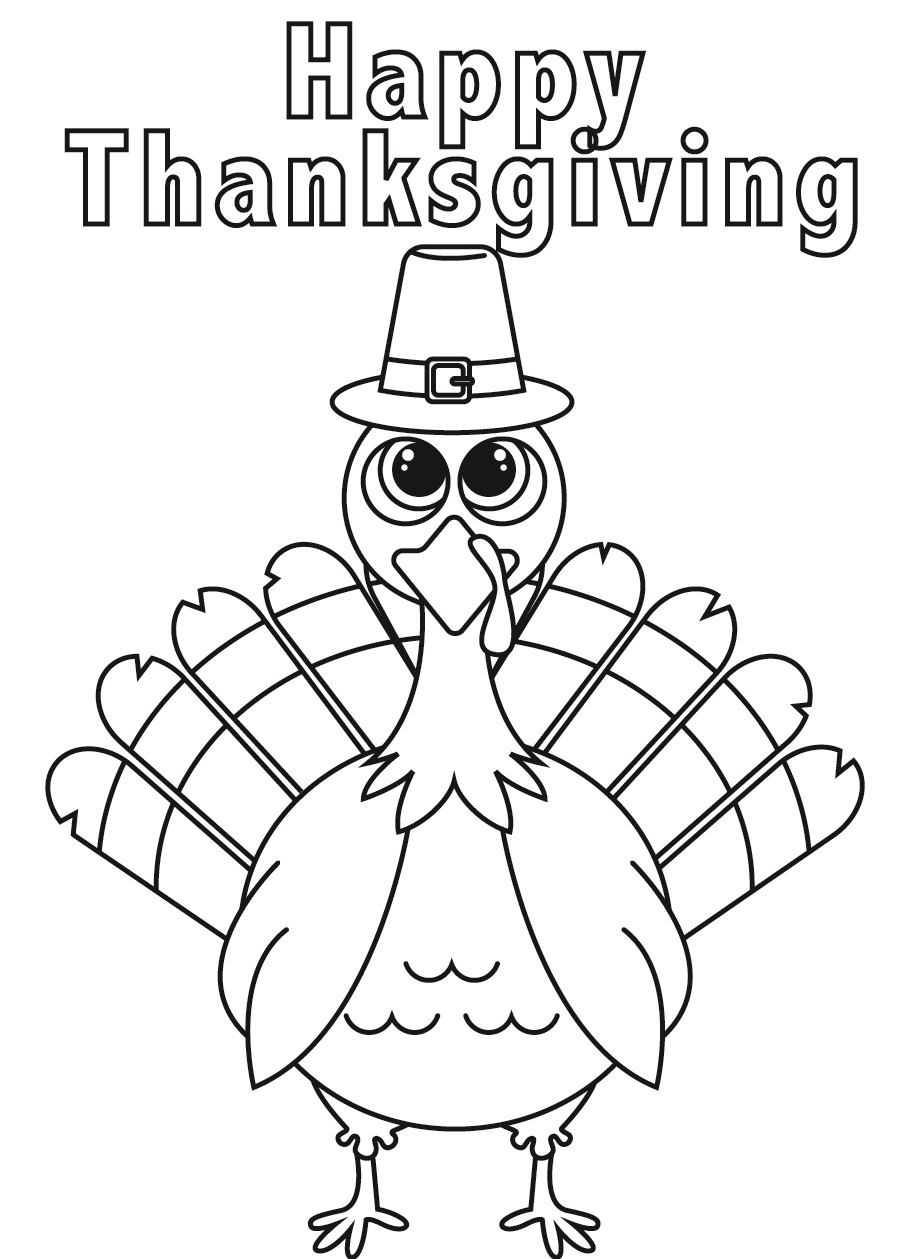 Printable Happy Thanksgiving Turkey with Hat Coloring Page for kids.