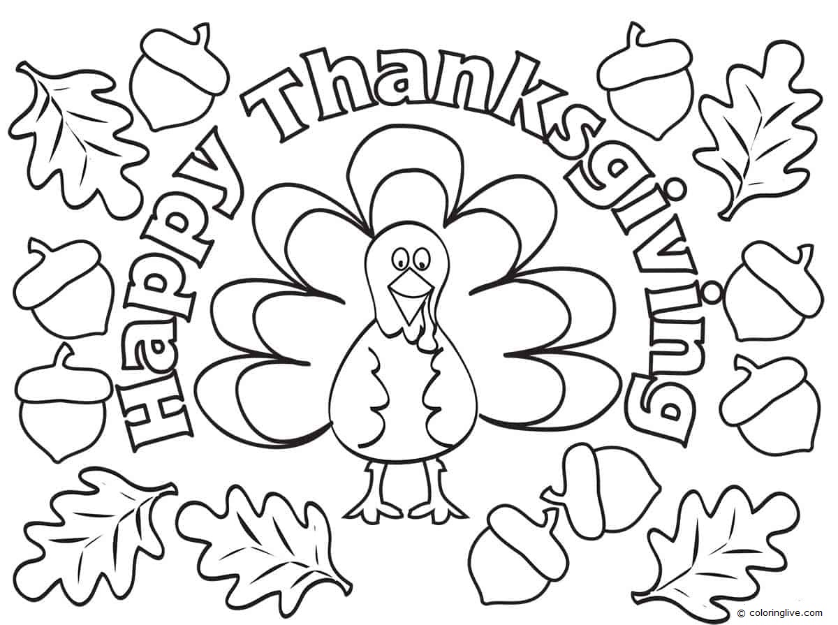 Printable Happy Thanksgiving turkey and leaves Coloring Page for kids.