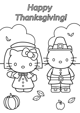 Printable Hello Kitty Thanksgiving Coloring Page for kids.