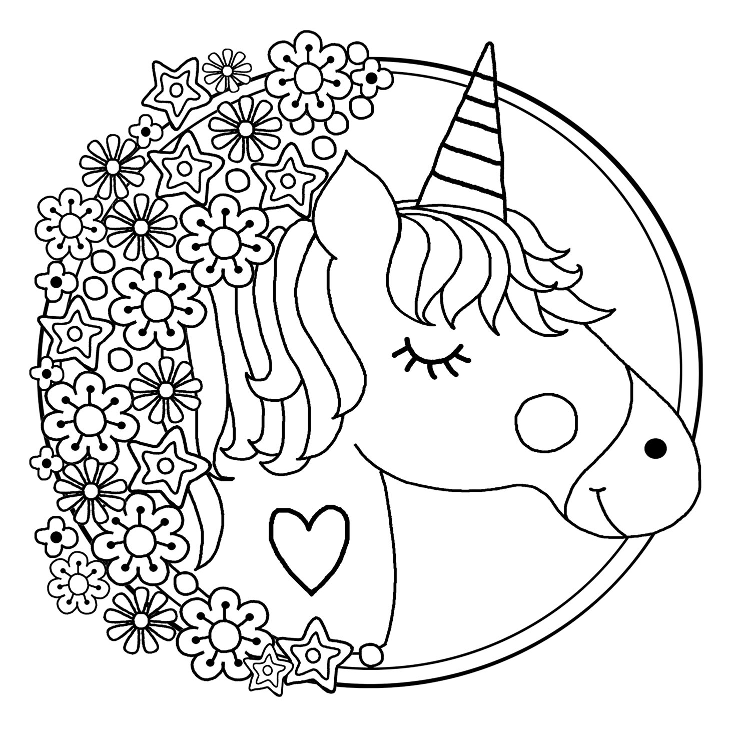 Printable Unicorn and Flowers Coloring Page for kids.
