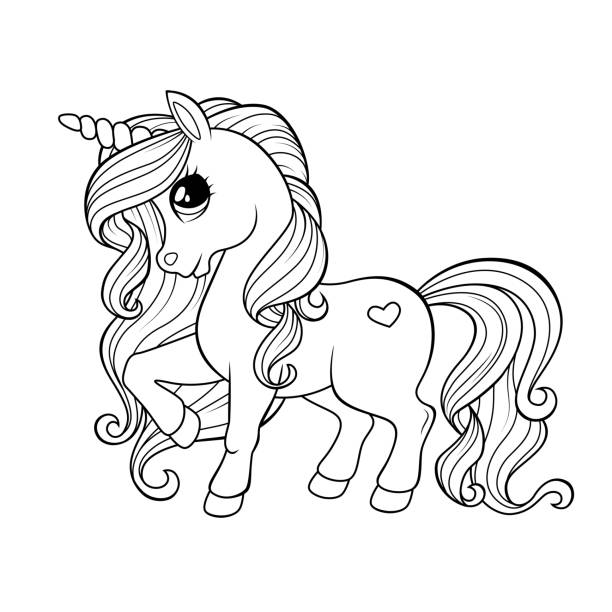 Printable A beautiful unicorn with a heart symbol representing love Coloring Page for kids.
