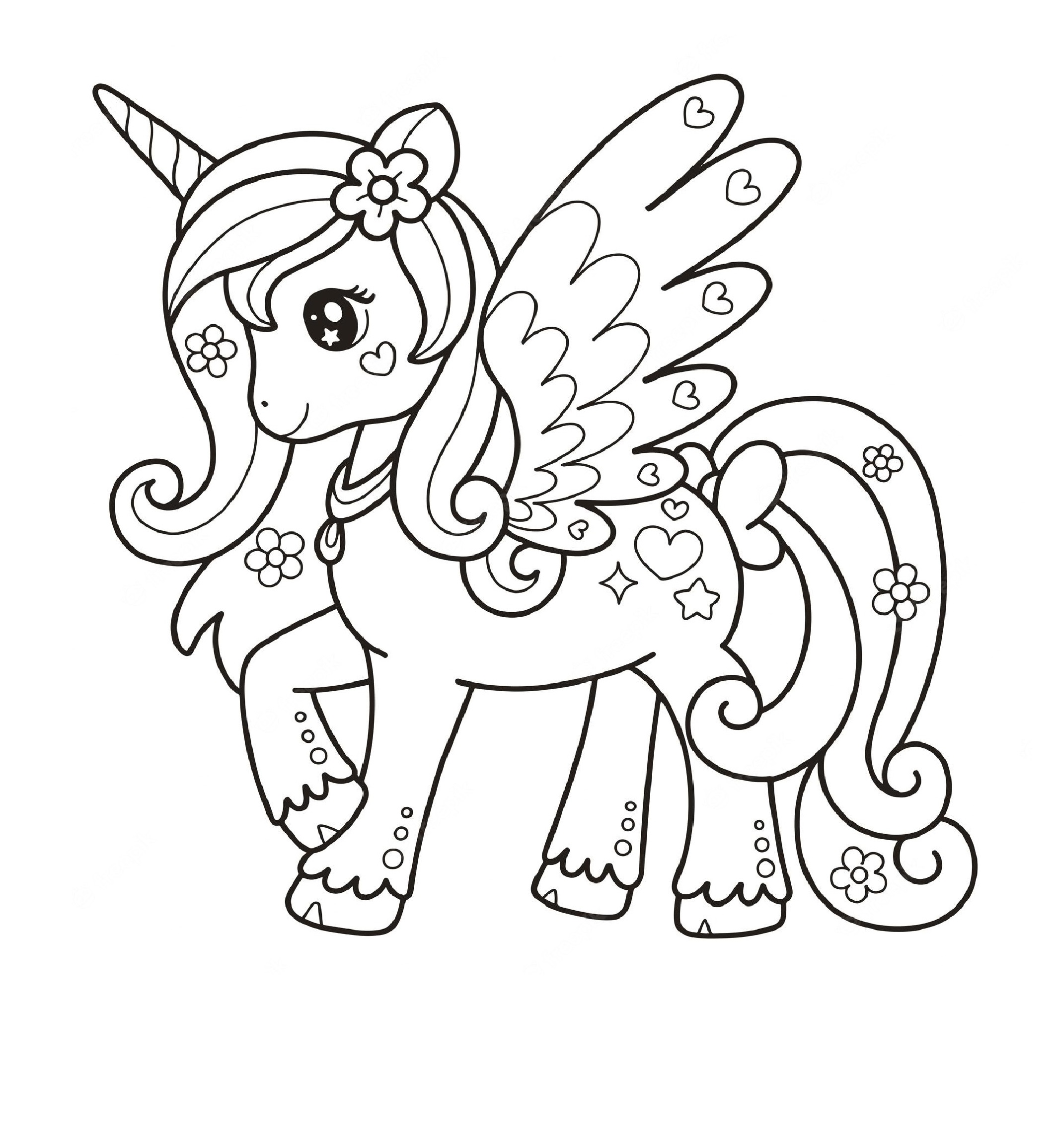 Lovely Unicorn Coloring Page Printable for Kids, Free, Simple and Easy, as PDF