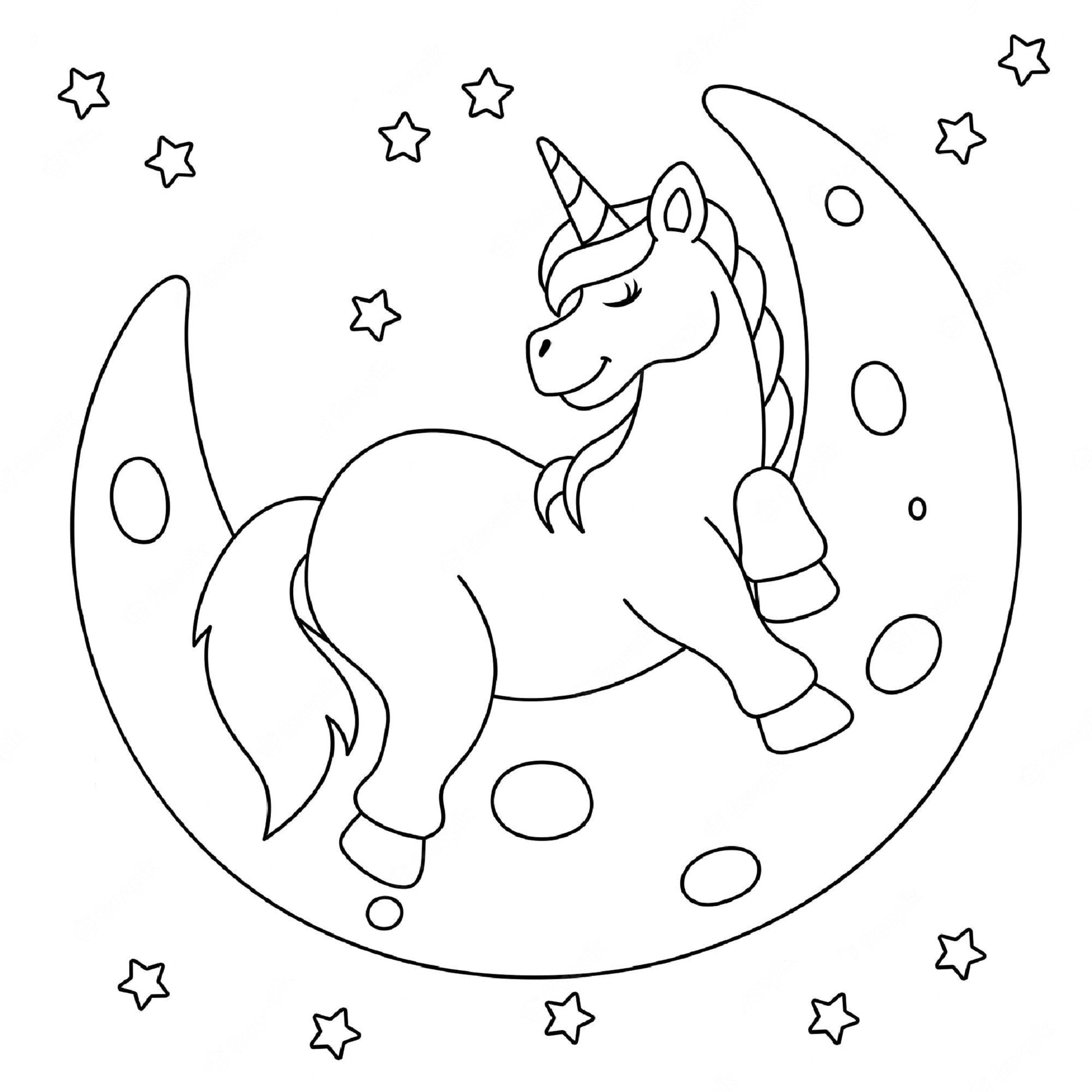 Printable Unicorn and the Moon Dreams Coloring Page for kids.