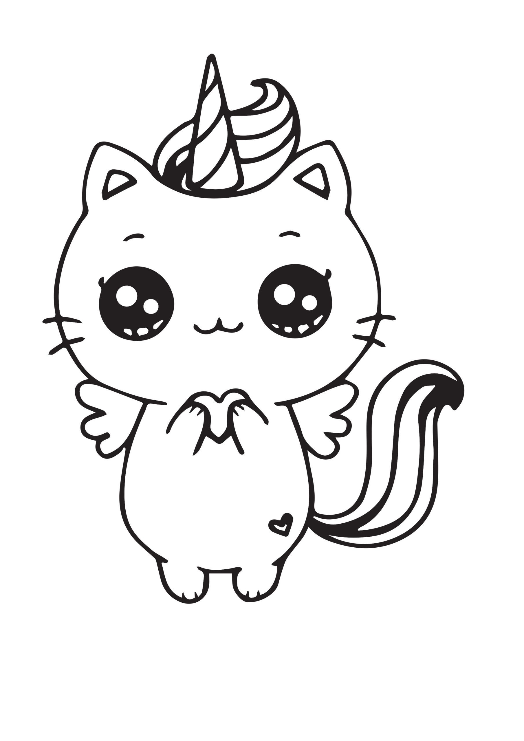 Printable The unicorn cat enchants with its cute smile and big eyes Coloring Page for kids.