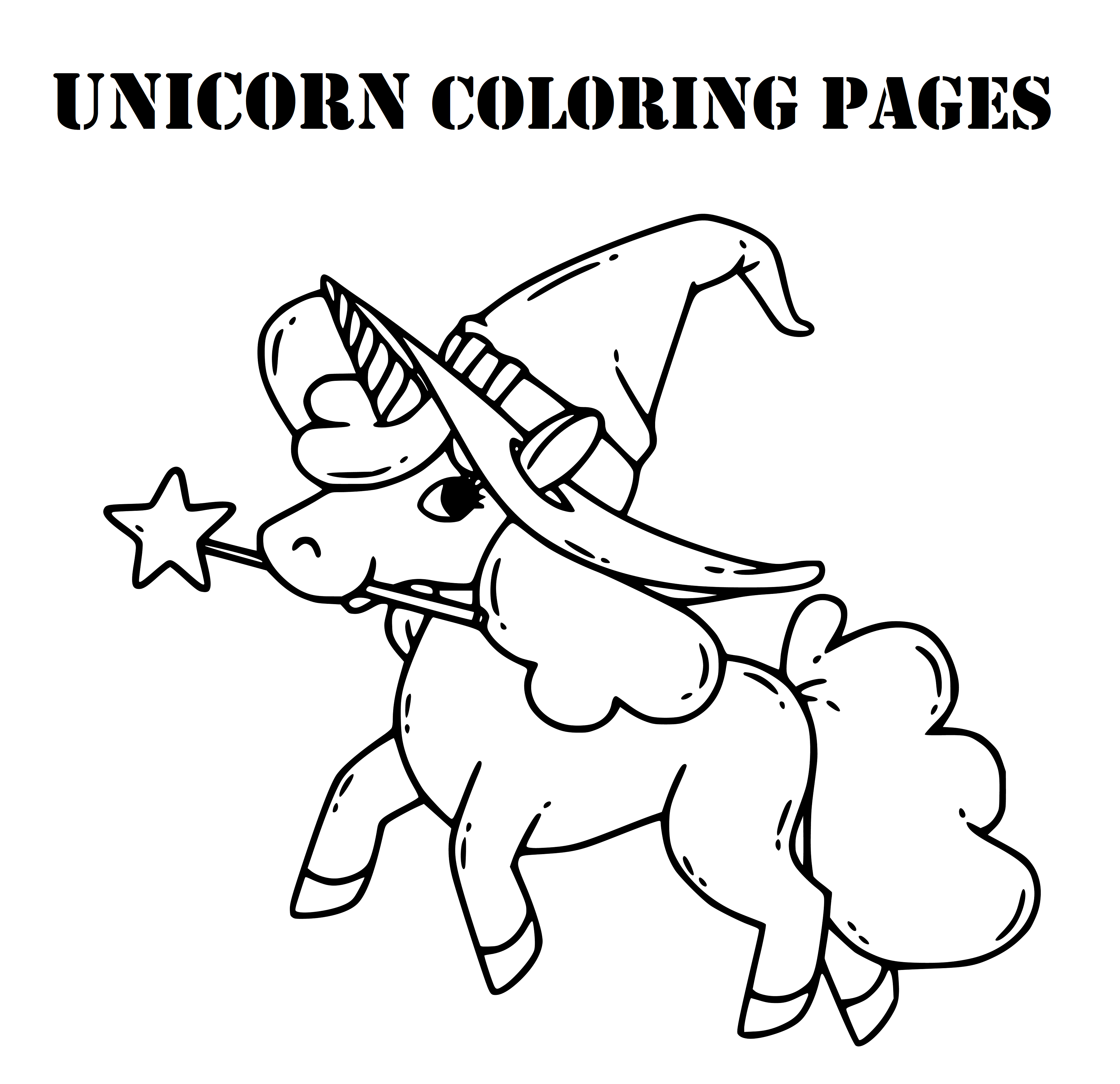 Printable The cute unicorn is wearing a Christmas hat. It is holding a magic wand in its mouth Coloring Page for kids.