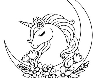 Printable Unicorn and Moon Coloring Page for kids.