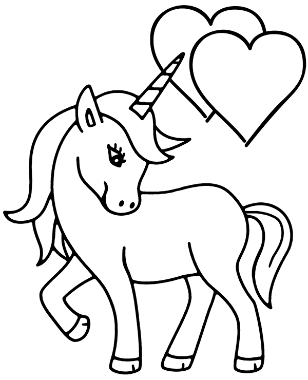Printable A unicorn symbolizing love with a sweet posture, accompanied by two heart symbols Coloring Page for kids.