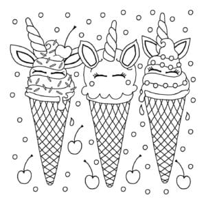 Printable Cute unicorns in ice cream cones Coloring Page for kids.