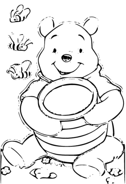 Printable Pooh Bear and bees Coloring Page for kids.