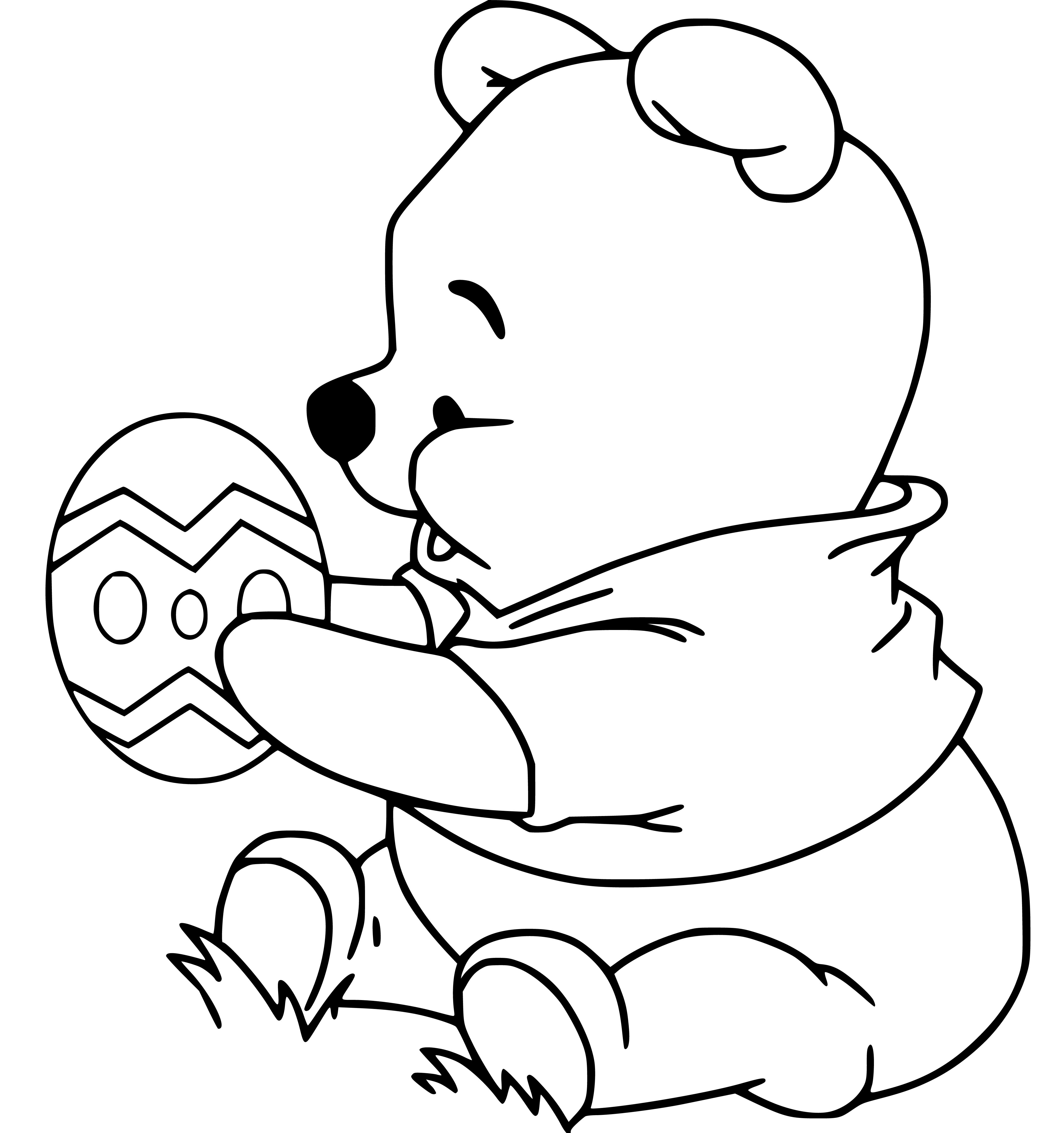 Printable Pooh Winnie holding Easter egg Coloring Page for kids.