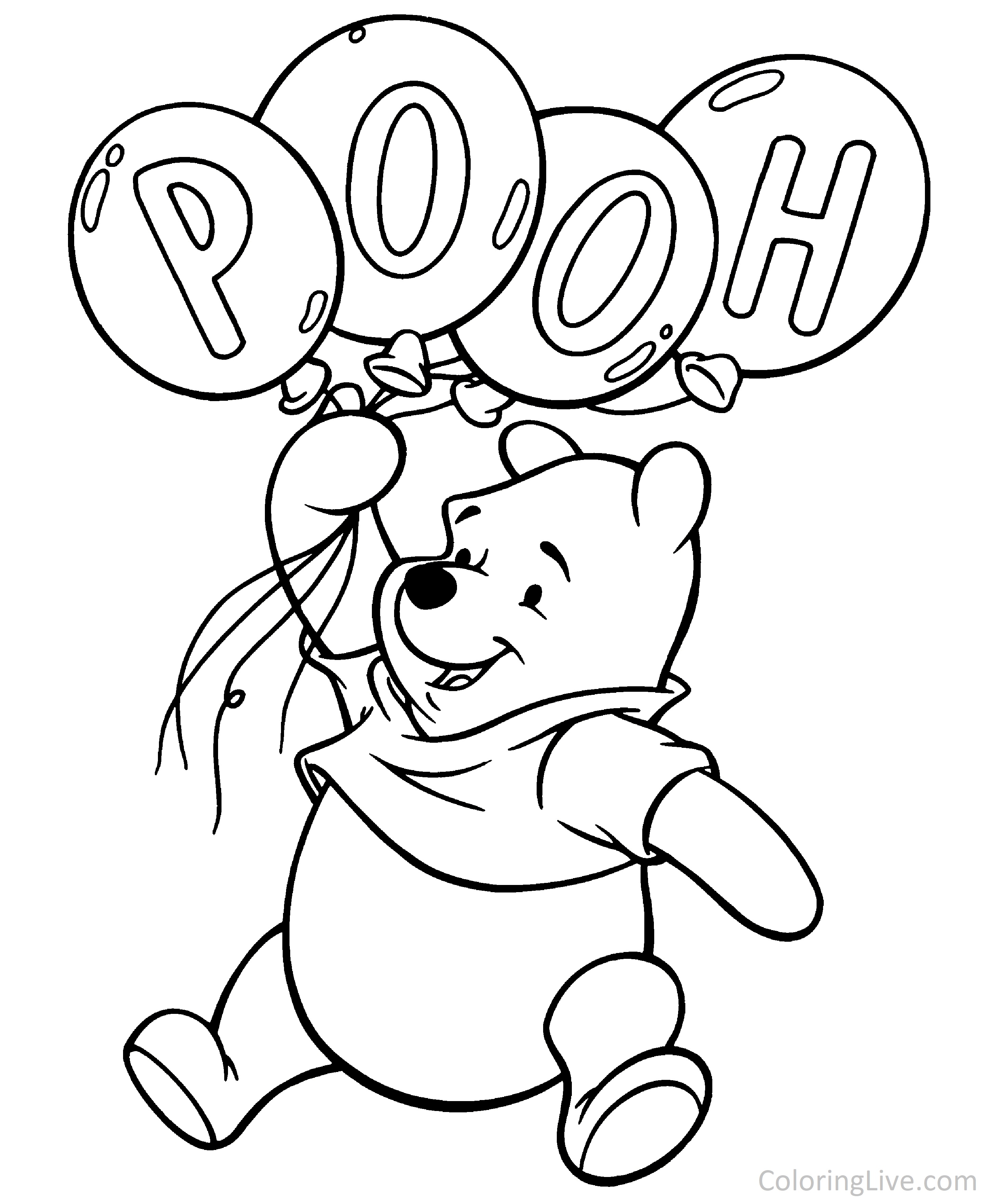 Printable Pooh Baloons Coloring Page for kids.