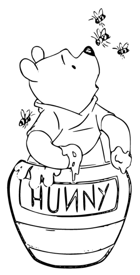 Printable Winnie the Pooh eating honey Coloring Page for kids.