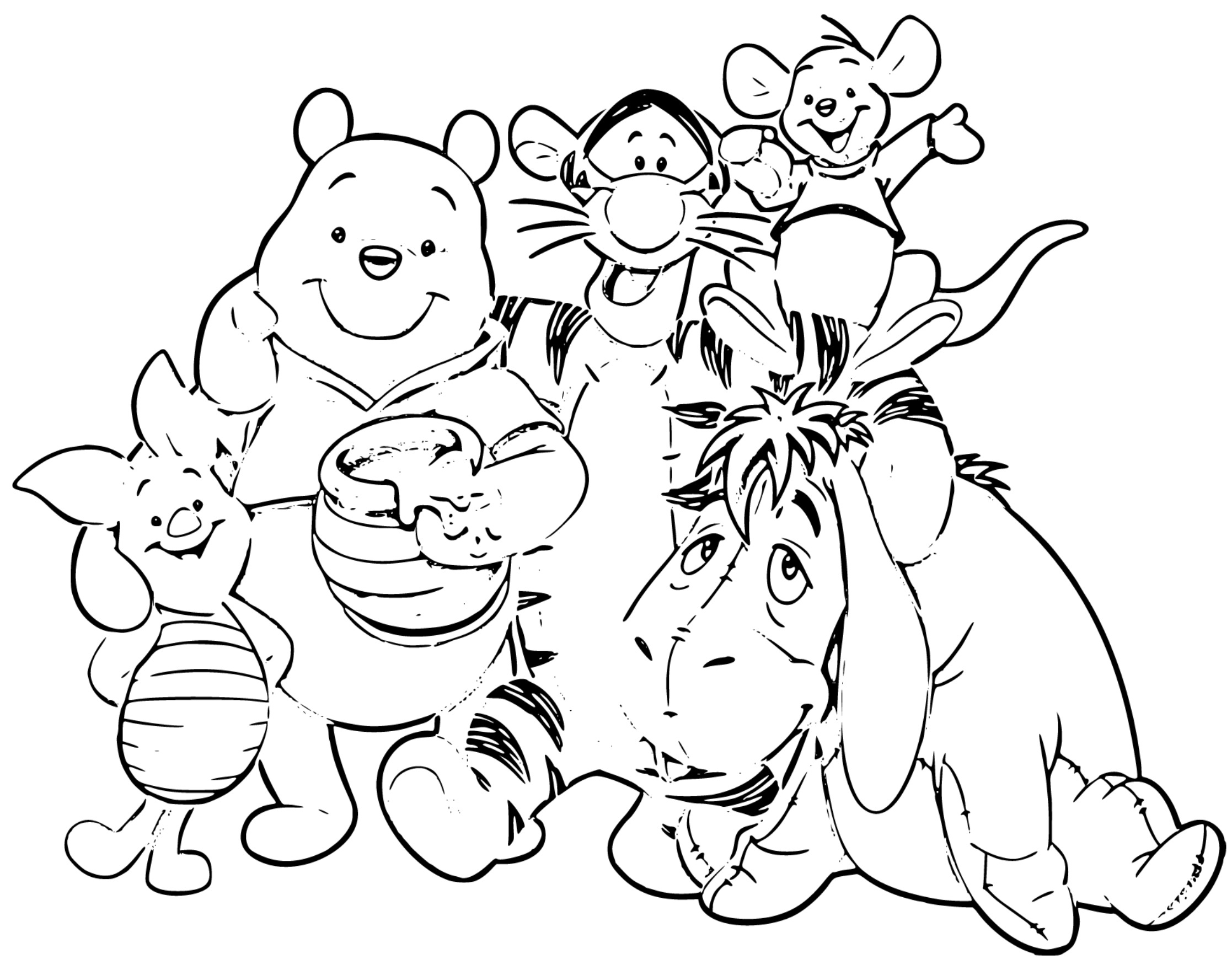 Printable Winnie the Pooh and friends Coloring Page for kids.