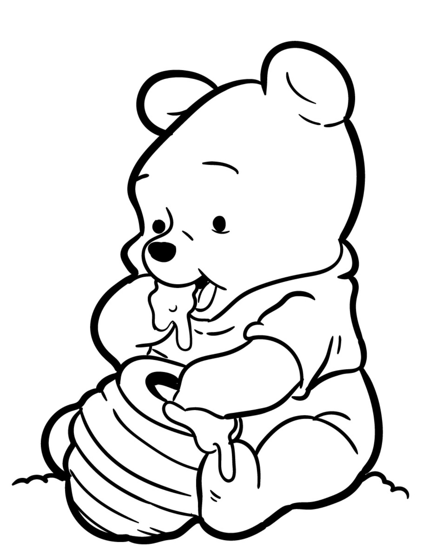 Printable Winnie the Pooh eating hunny (Honey) Coloring Page for kids.