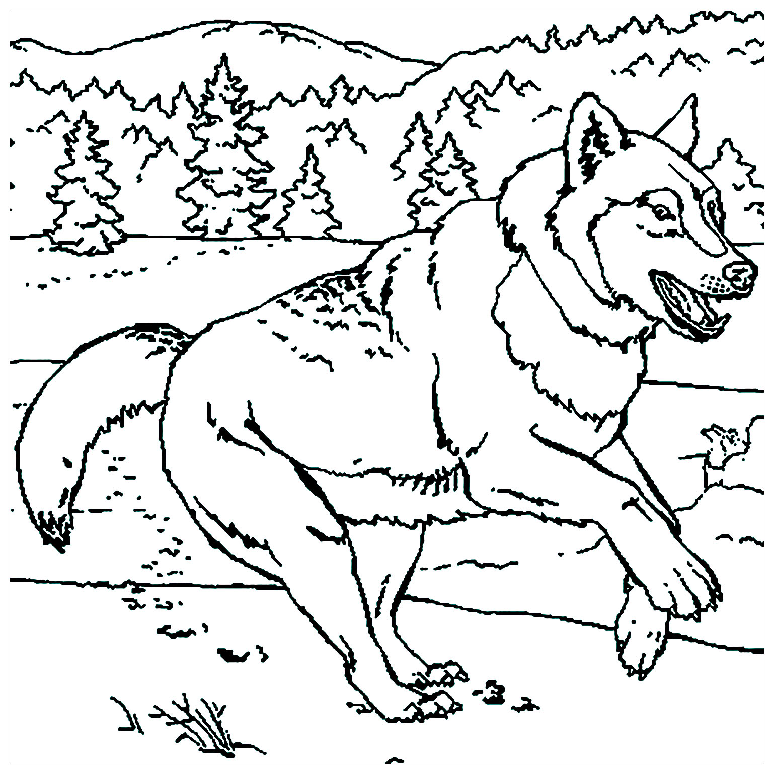 Printable Wolf in the winter Coloring Page for kids.